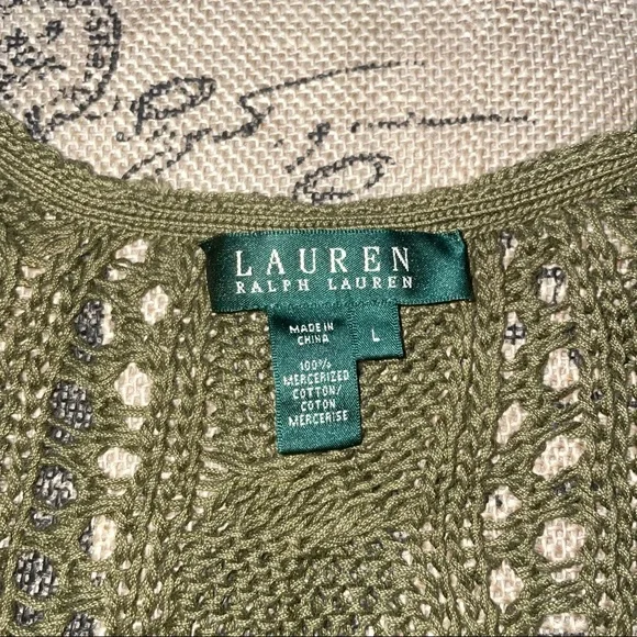 Lauren Ralph Lauren Olive Green Mercerized Cotton Crochet Eyelet V Neck Sweater - Picture 9 of 13